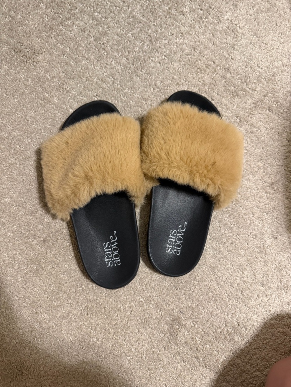 stars above Tan Faux Fur Slide Sandals with Black Footbed